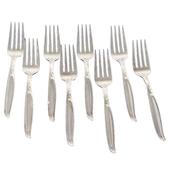 1958 Wm Rogers 6 1/8” Eight Dessert Salad Forks Sweep Pattern Silver Plate - Picture 1 of 9